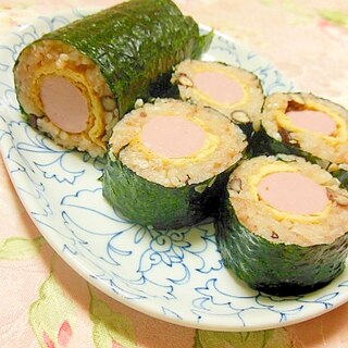 お赤飯ｄｅ❤稲荷あげ＆魚肉ソーセージの巻き寿司❤